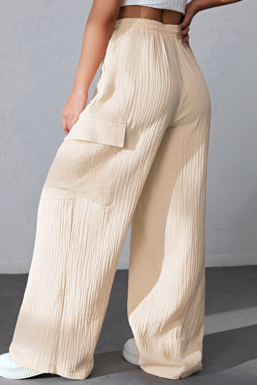 Pantalon cargo froissé taille haute avec cordon de serrage ample abricot