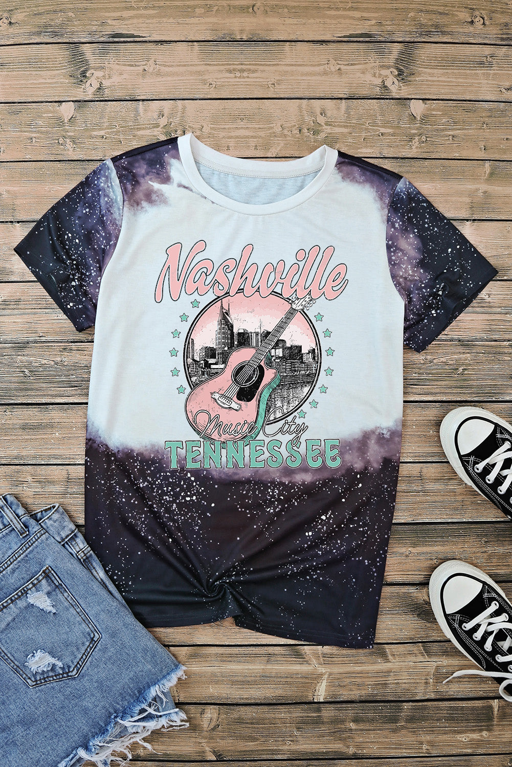 Crna izbijeljena majica s grafičkim motivima Nashville Music City TENNESS