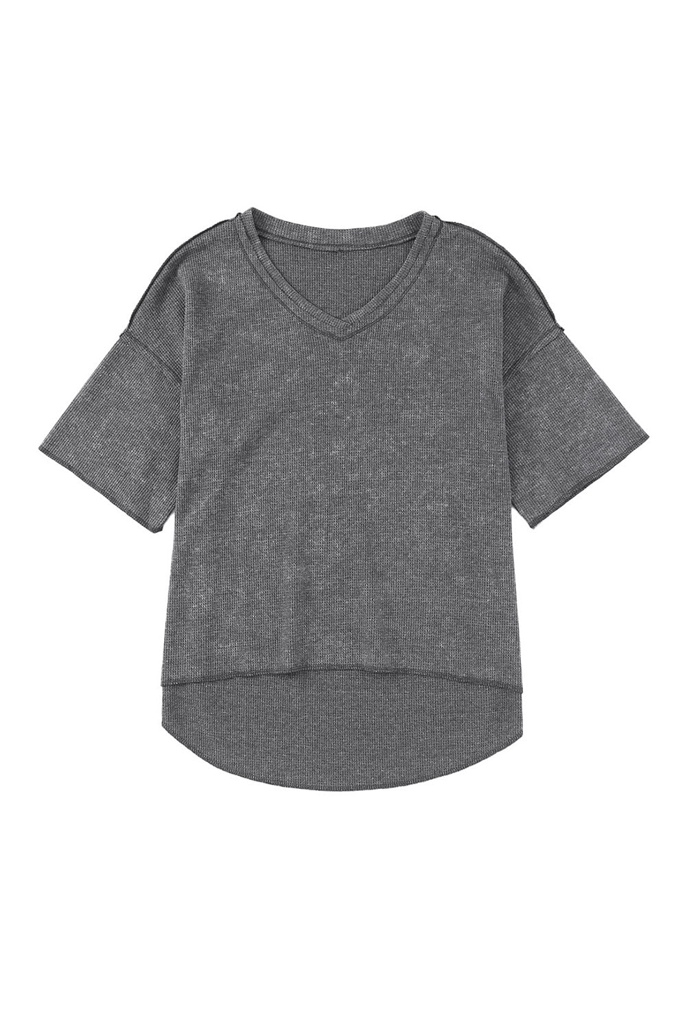 Siva vafelj pletena majica s pol rokavi in ​​V izrezom