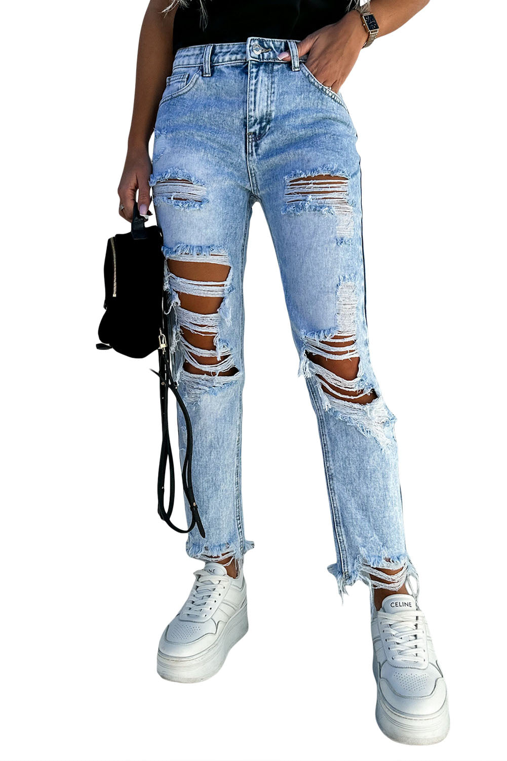 Himmelblaue Distressed-Slim-Fit-Jeans mit Acid-Waschung