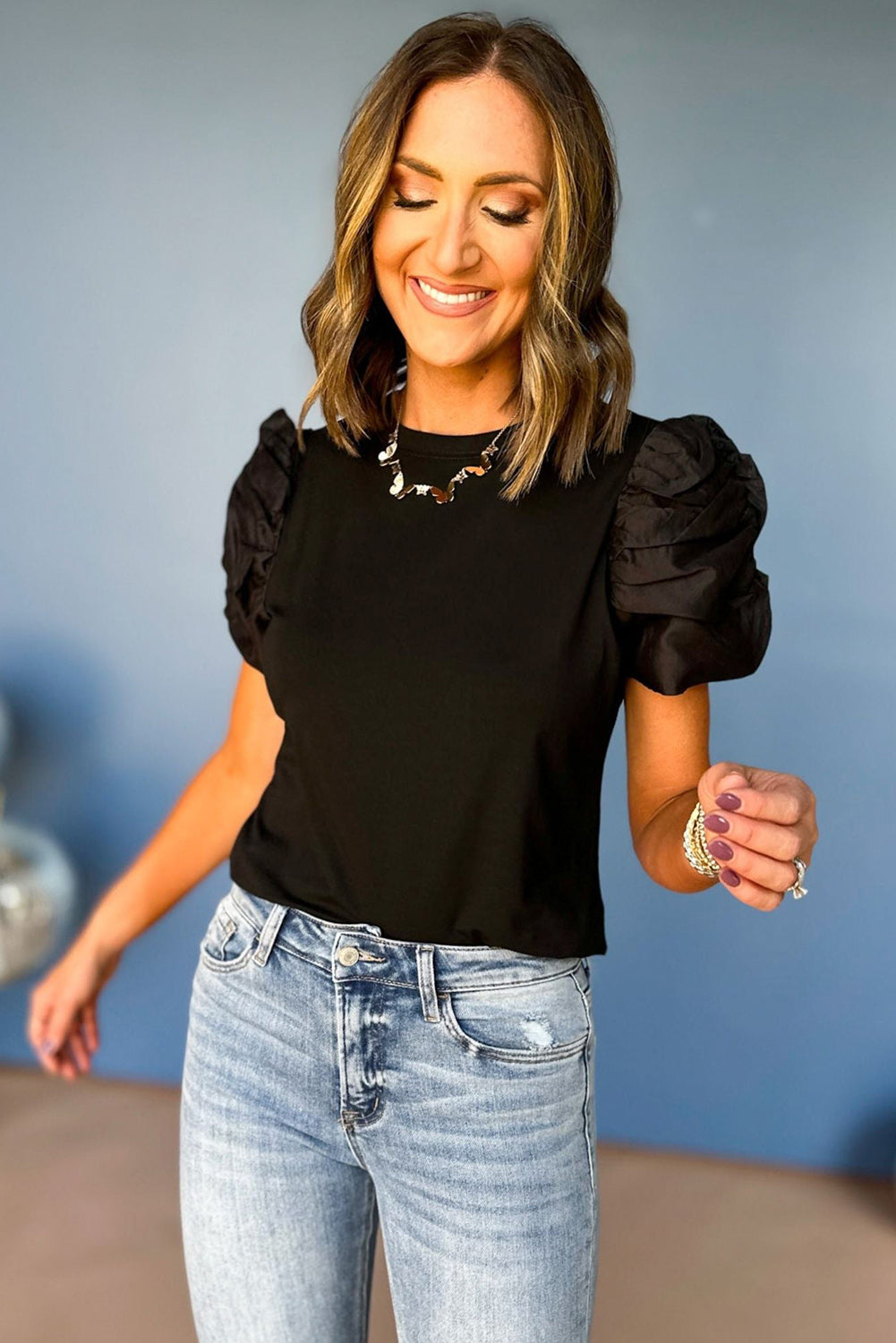 Black Ruched Puff Sleeve Crew Neck Tee