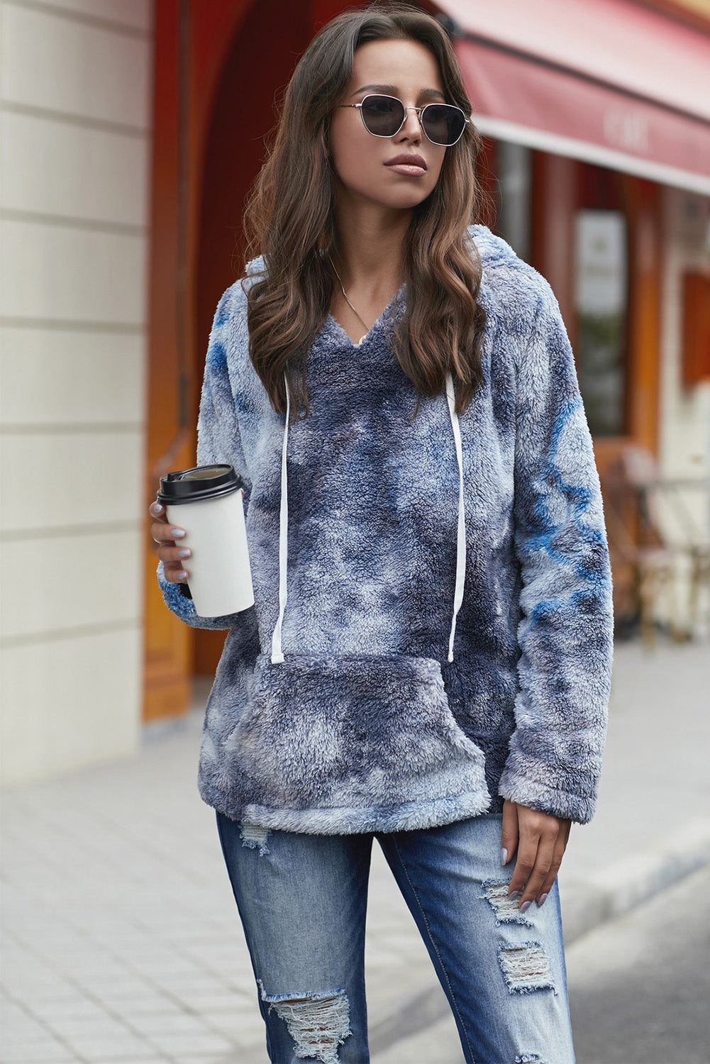 Blue V-neck Tie-dye Plush Pullover Hoodie