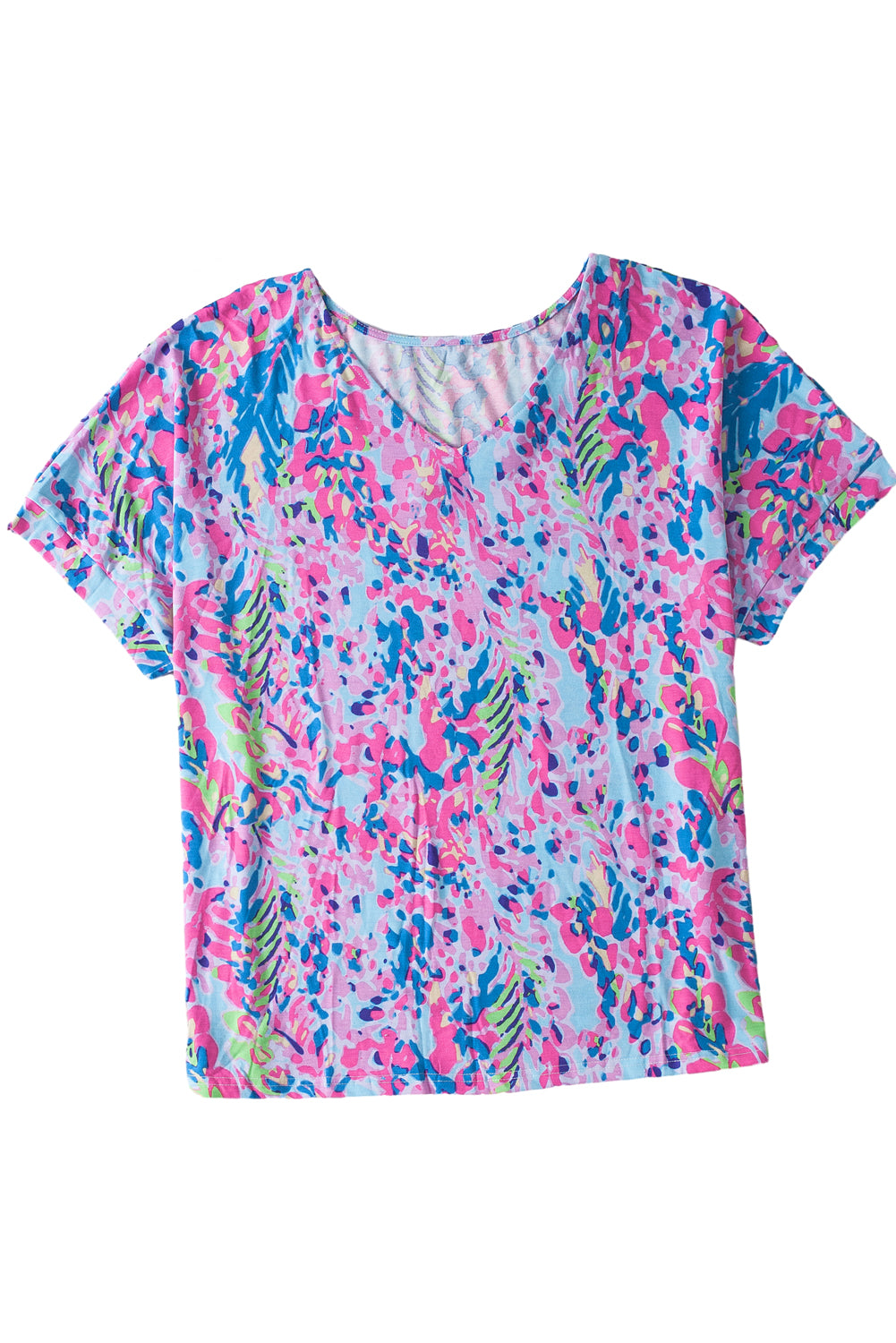 Himmelblaues Plus-Size-T-Shirt mit Pflanzenmuster und V-Ausschnitt