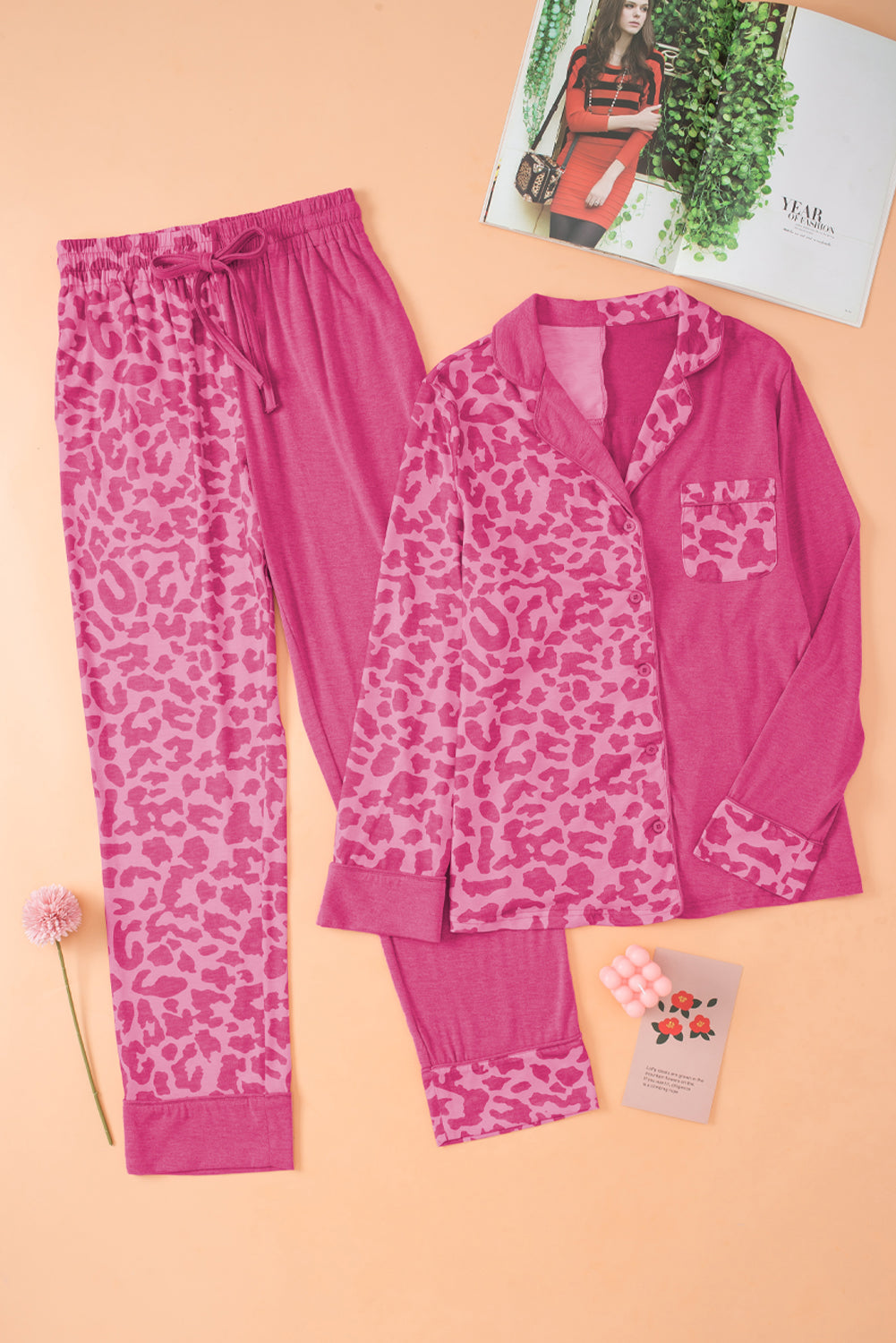 Set pigiama lungo con tasche a contrasto rosa leopardo