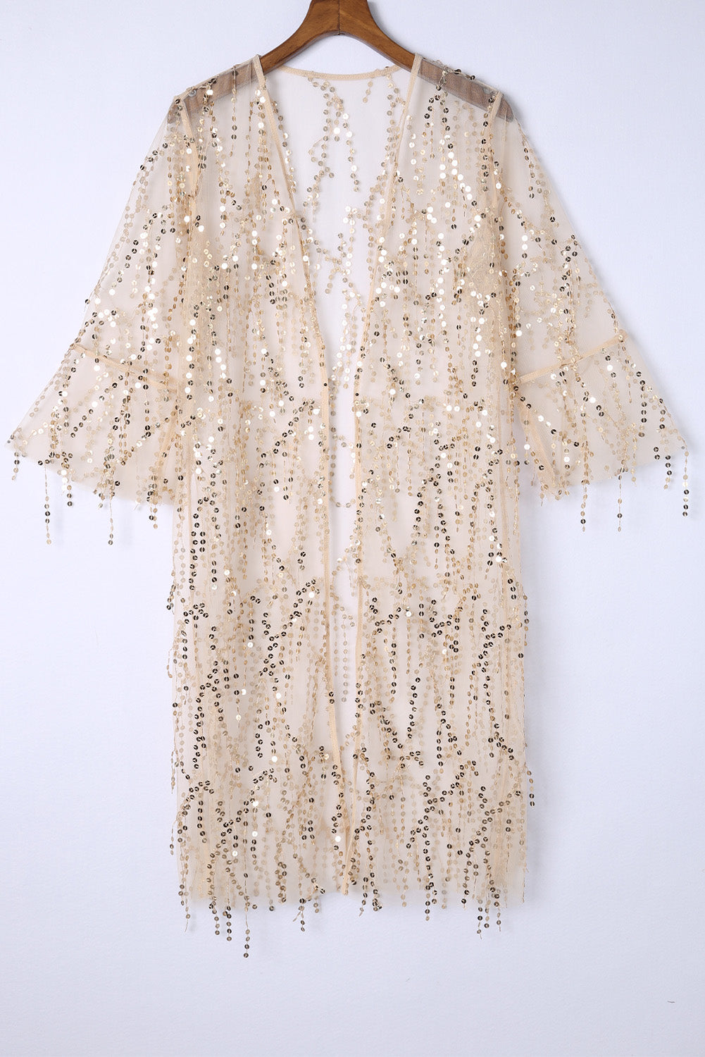 Kimono blanc transparent à manches longues et à paillettes, ouvert sur le devant