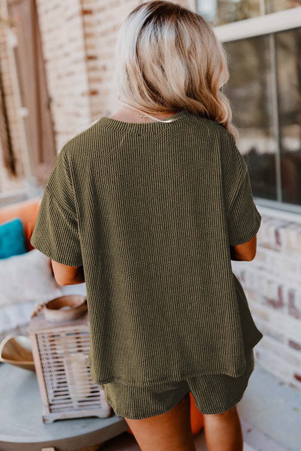 Ensemble t-shirt et short coupe ample en tricot texturé côtelé vert jungle