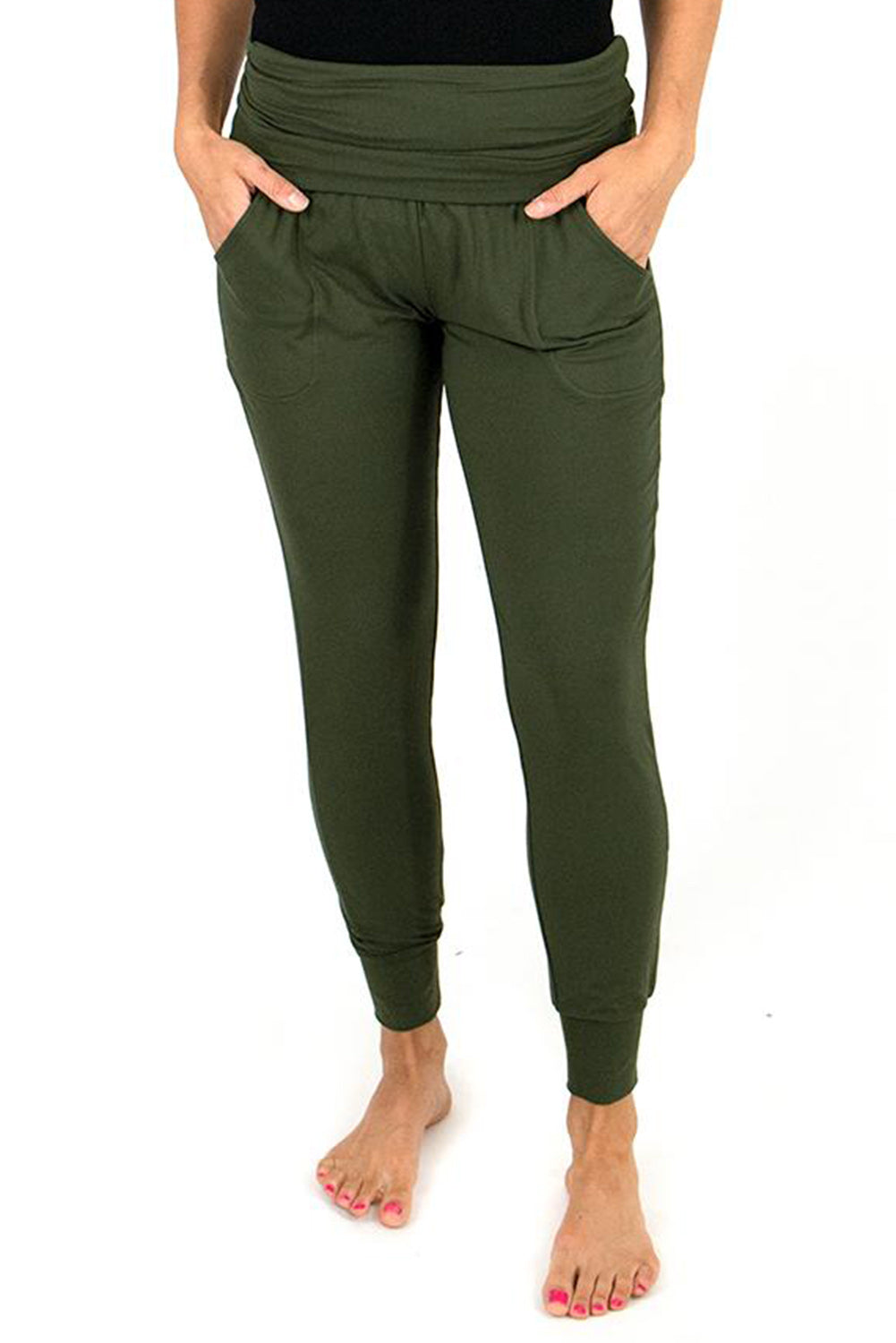 Grüne Leggings mit hoher Taille und plissierten Taschen
