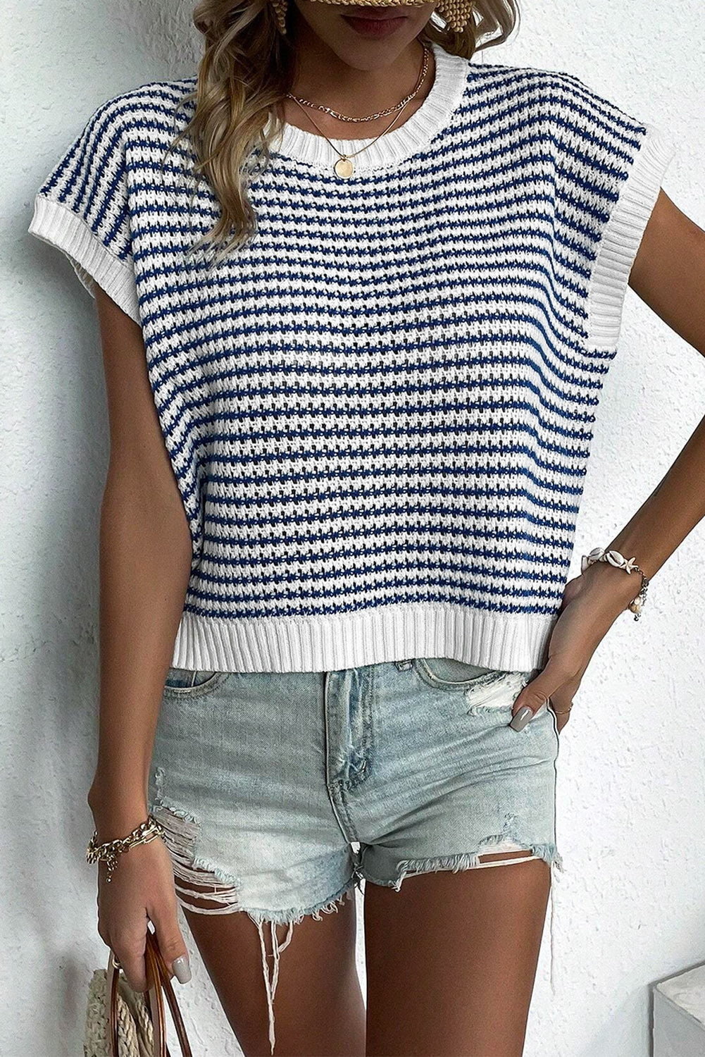 Blue Stripe Ribbed Trim Loose Fit Knitted Sweater Vest