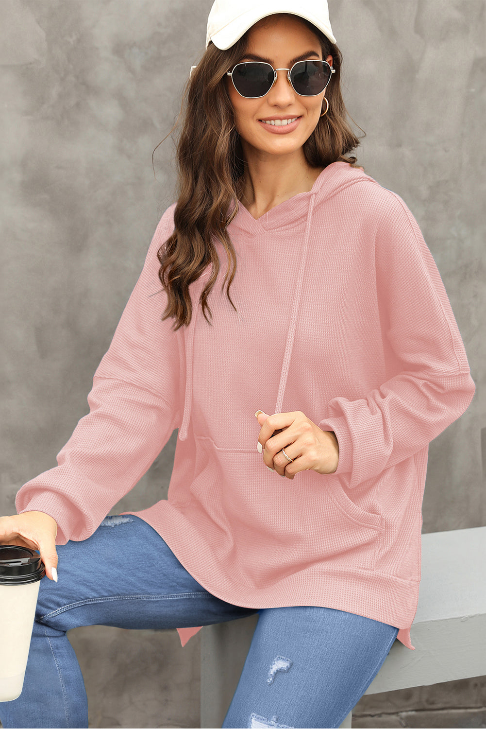 Hellrosa Waffelstrick-Fleece-gefütterter High-Low-Oversize-Hoodie