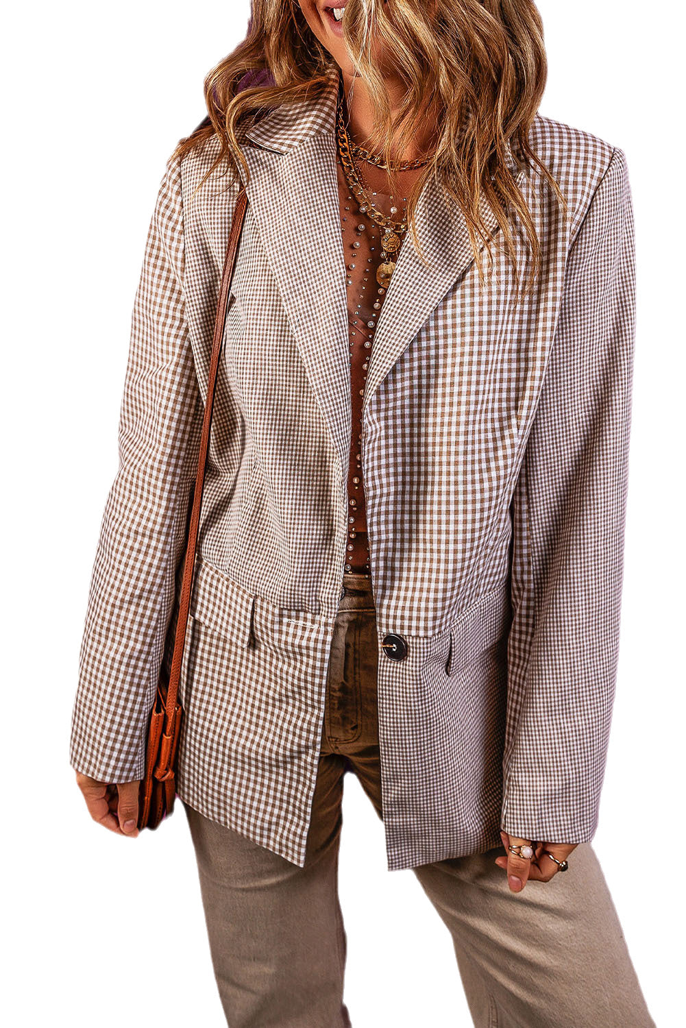 Kaffeefarbener, karierter, einreihiger Patchwork-Blazer mit Taschen