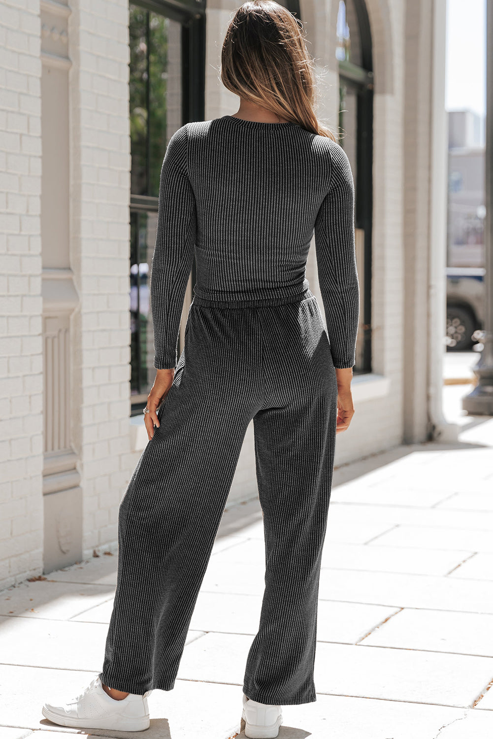 Carbon Grey Corded Long Sleeve Top Wide Leg Pants Set