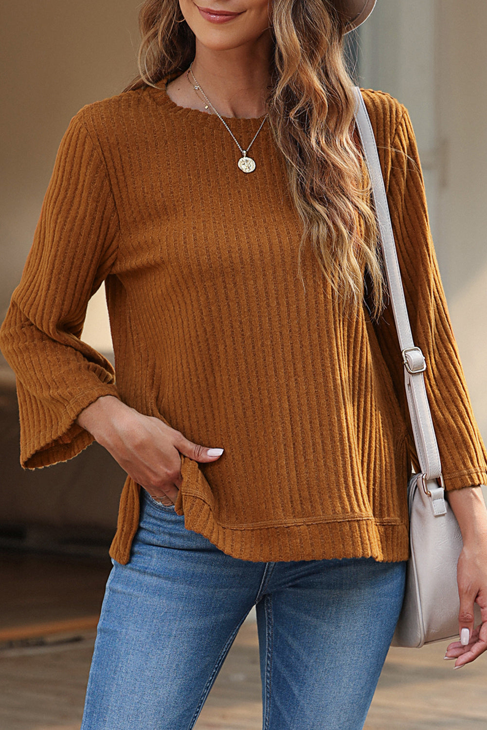 Gold Flame Ribbed Knit Three Quarter Sleeve T Shirt
