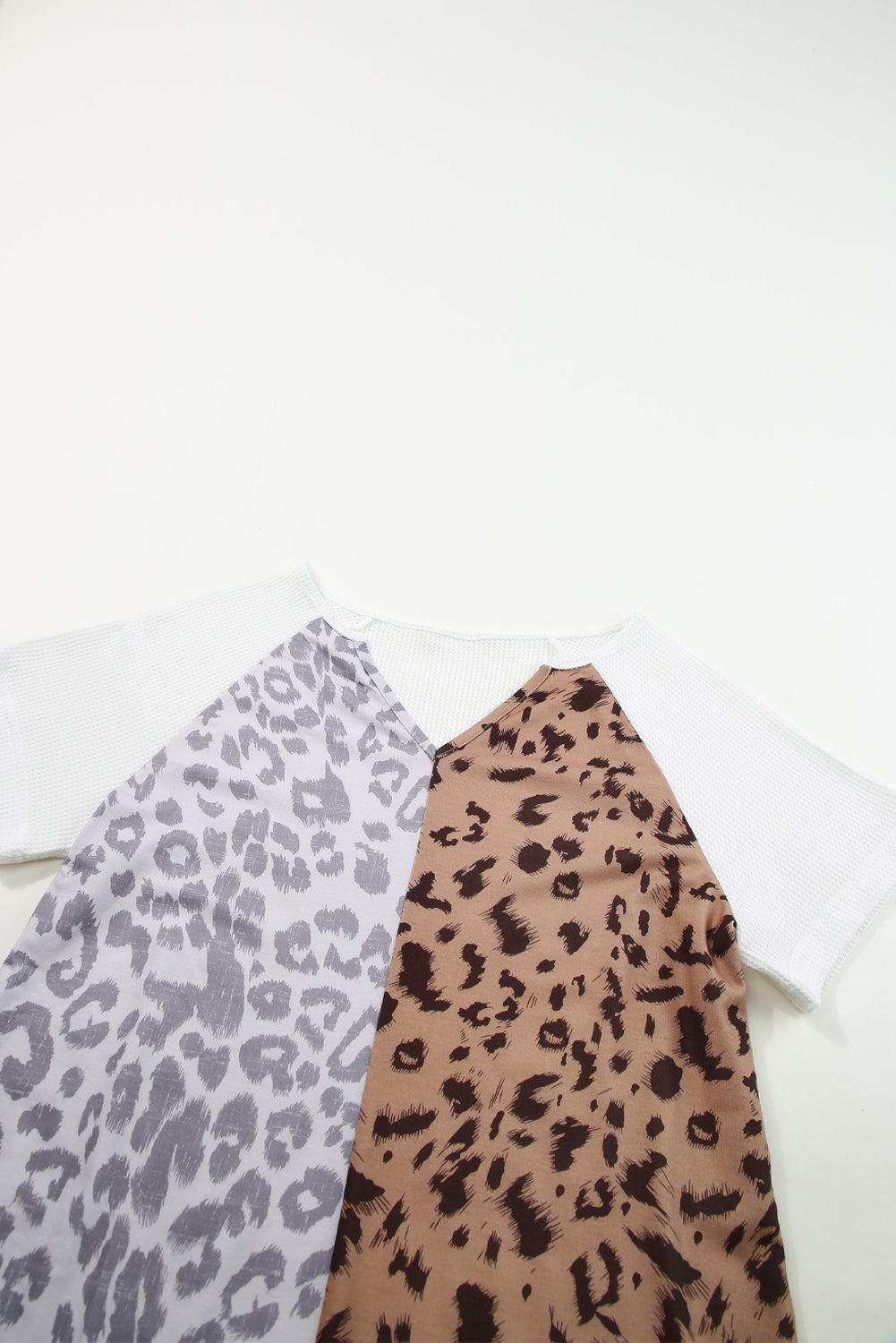 Leopard Color Block Contrast Waffle Knit Short Sleeve Top