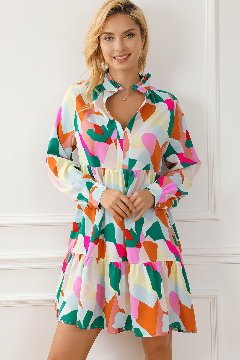 Multicolour Geometric Print Stand Neck Balloon Sleeve Ruffled Dress