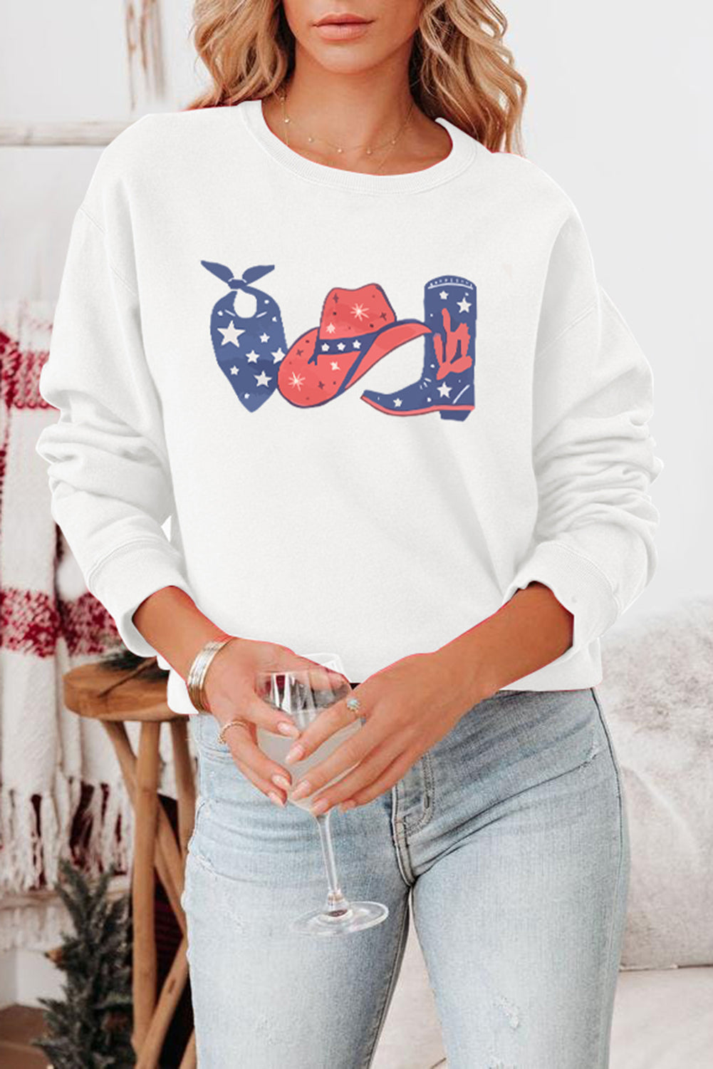 Scarf Hat Boot Print White Sweatshirt