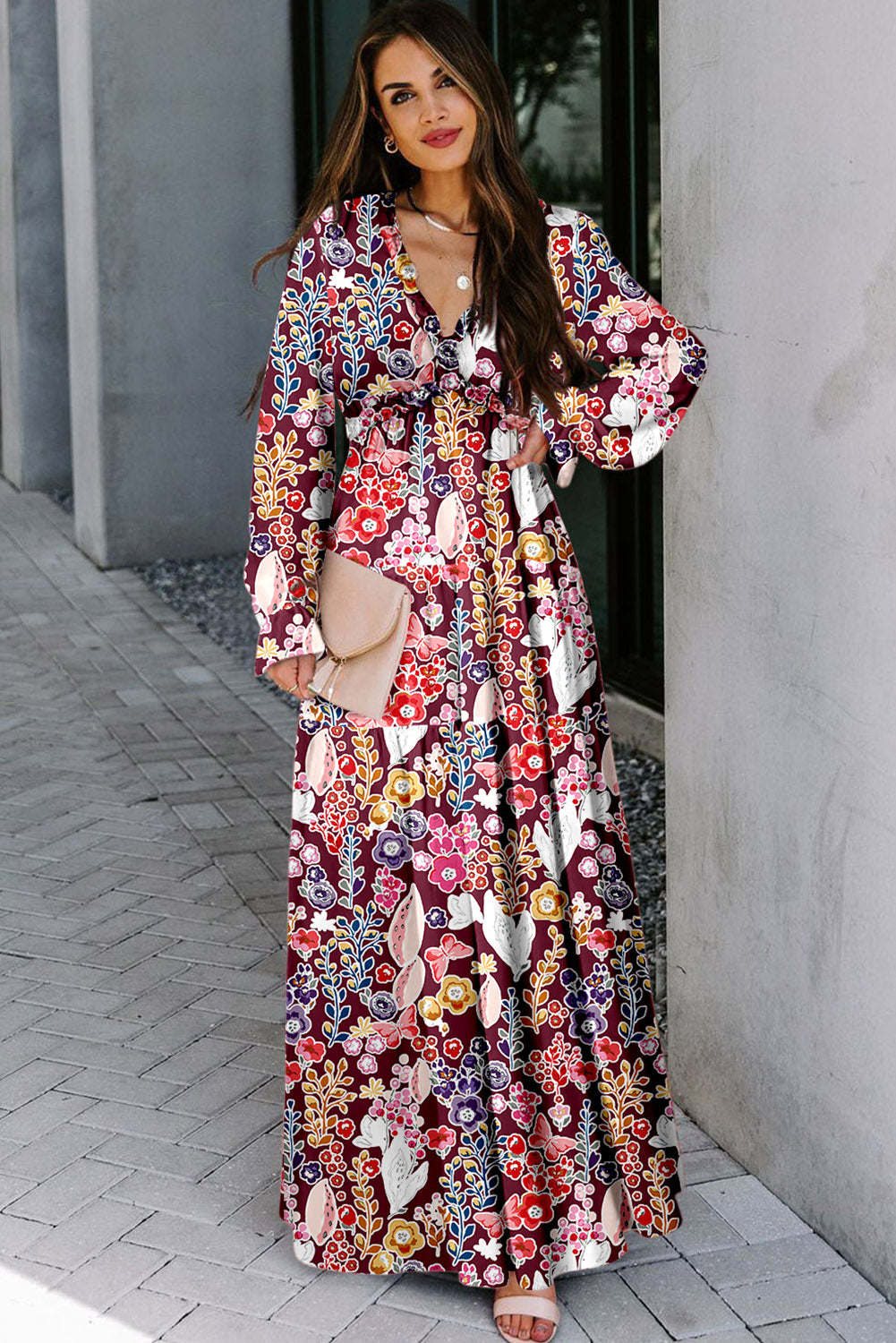Ljubičasta Maxi haljina s V izrezom i cvjetnim uzorkom do struka