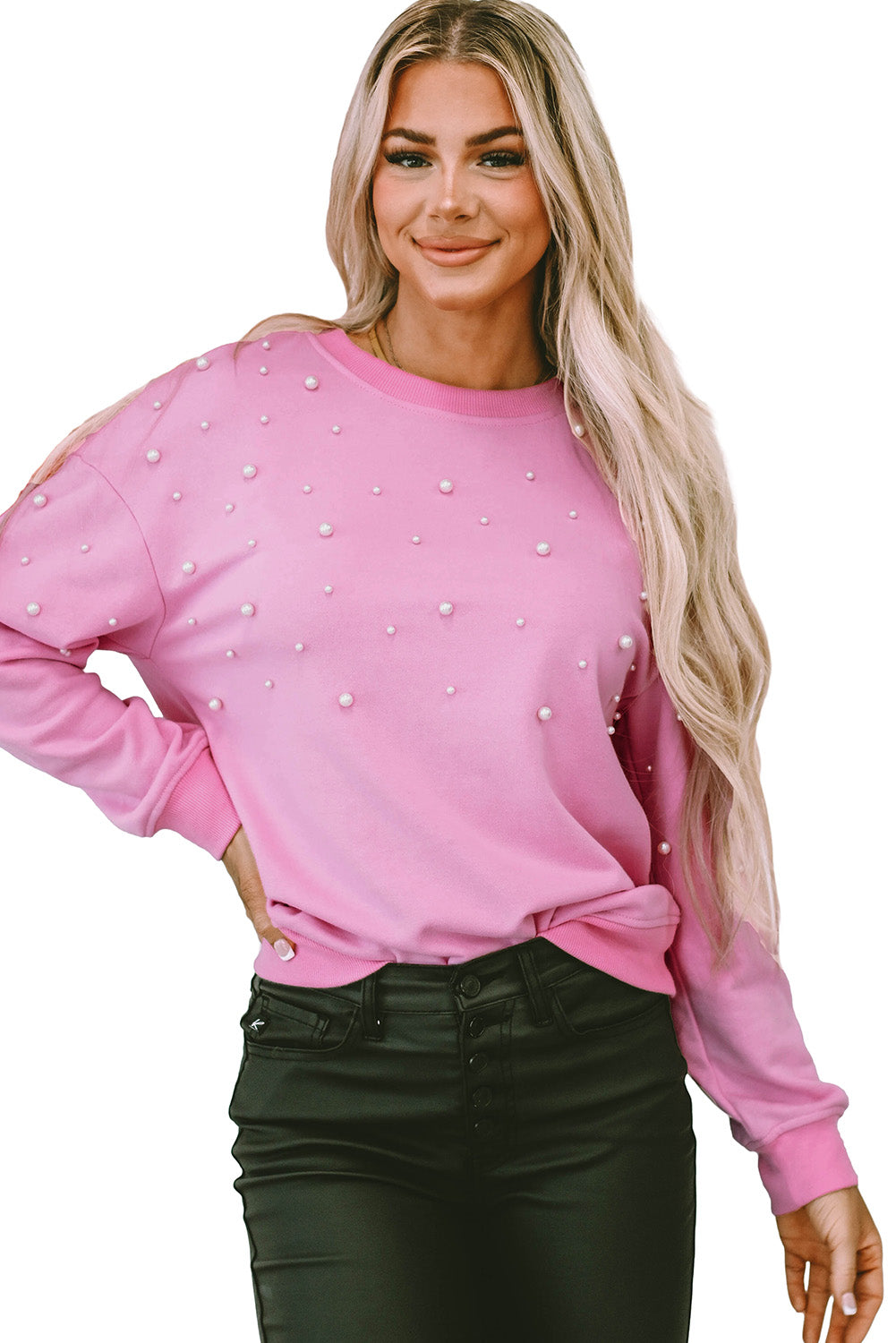 Geripptes Sweatshirt mit Rundhalsausschnitt und Bonbon-Perlendetail