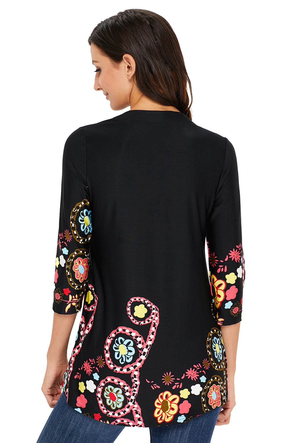 Black Floral Notch Neck Pin-tuck Tunic