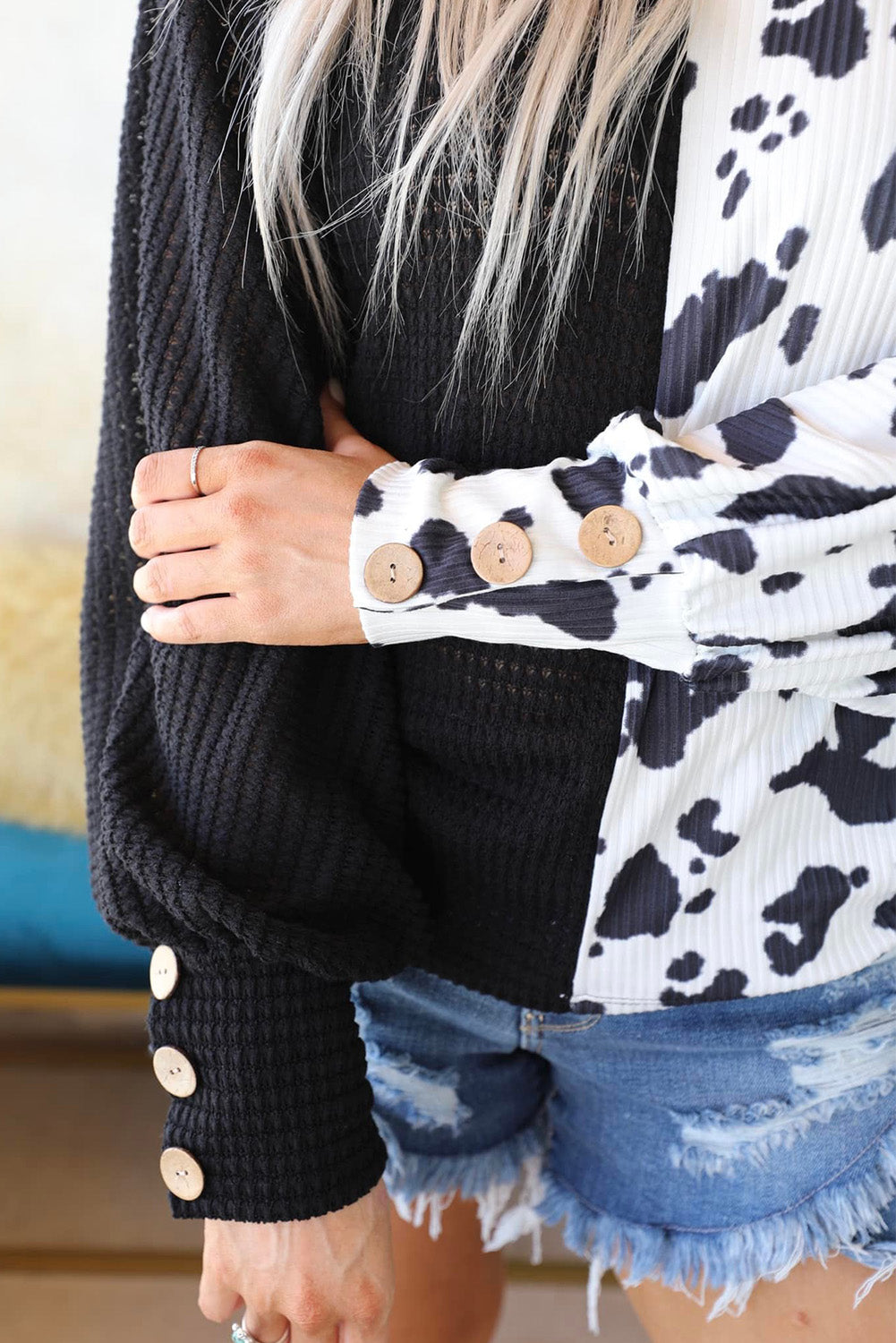 Haut à manches longues en tricot gaufré patchwork de vache noire