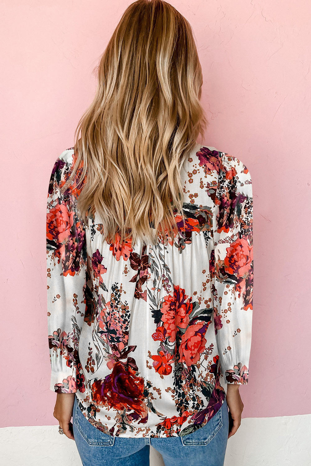 Fiery Red Retro Floral Long Sleeve Blouse
