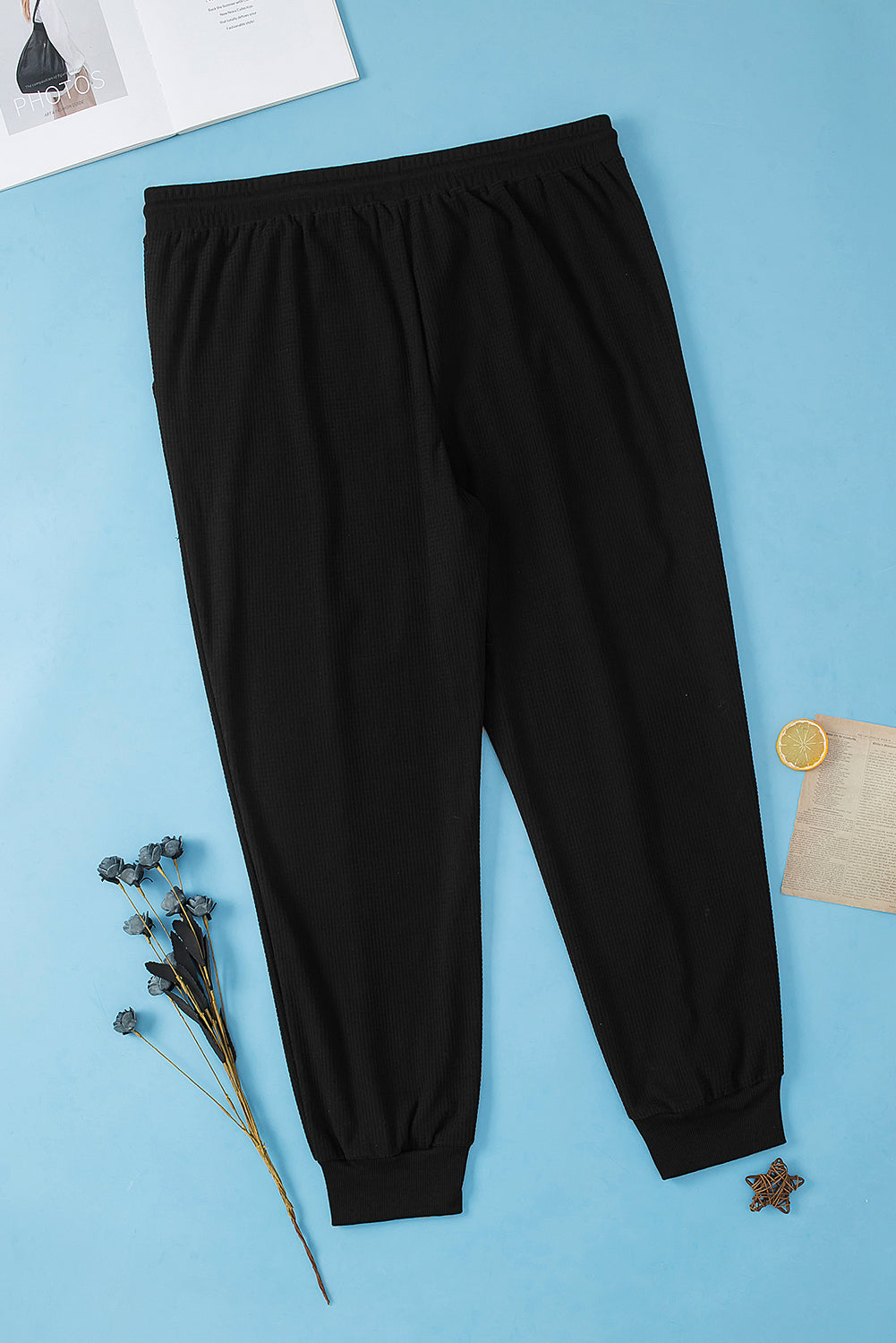 Black Plus Size Textured Exposed Seam Drawstring Jogger Pants