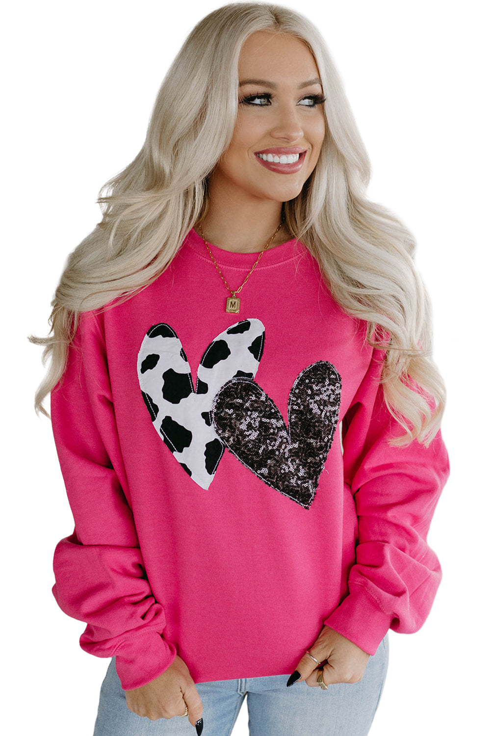 Pulover z grafiko Strawberry Pink Cow & Sequin Double Heart Patch