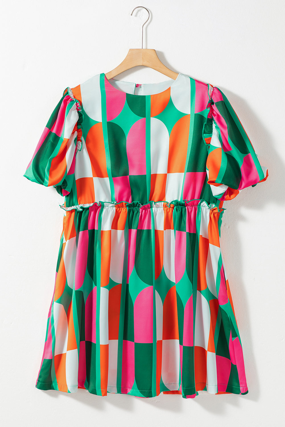 Green Abstract Print Puff Sleeve Short Dress