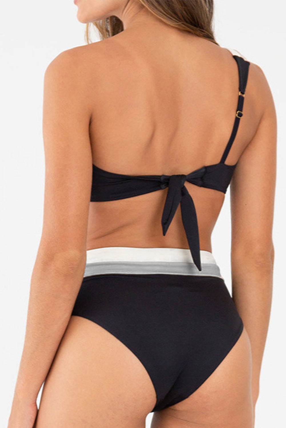 Couleur noir Bikini taille haute à une épaule et blocs de couleurs triples tons