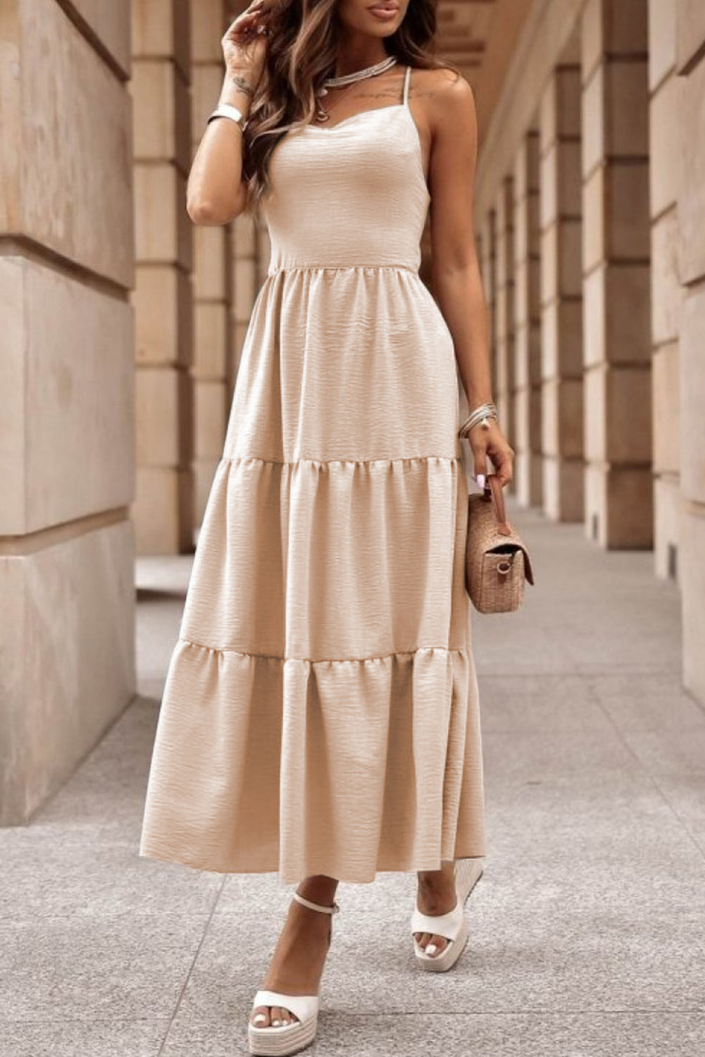 Oatmeal Crossover Backless Bodice Tiered Maxi Dress