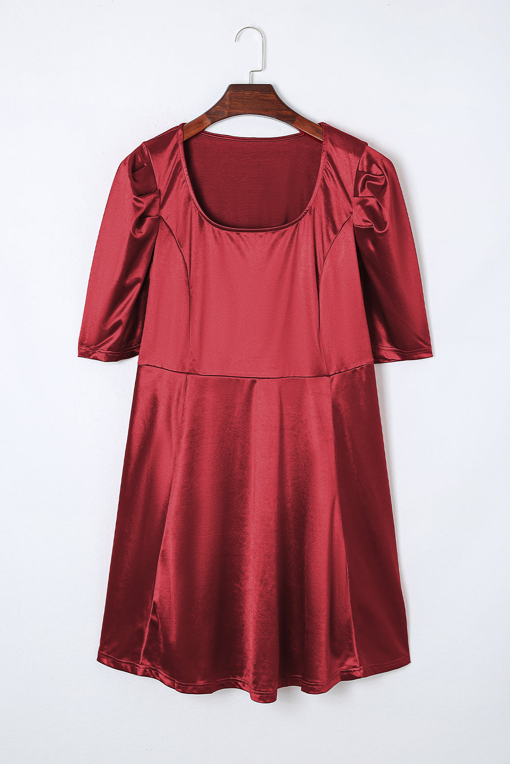 Fiery Red Plus Size Ruched Puff Sleeves Fit Flare Midi Dress