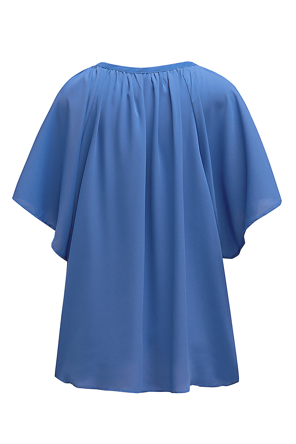 Modra ohlapna nagubana bluza z razcepljenim ovratnikom
