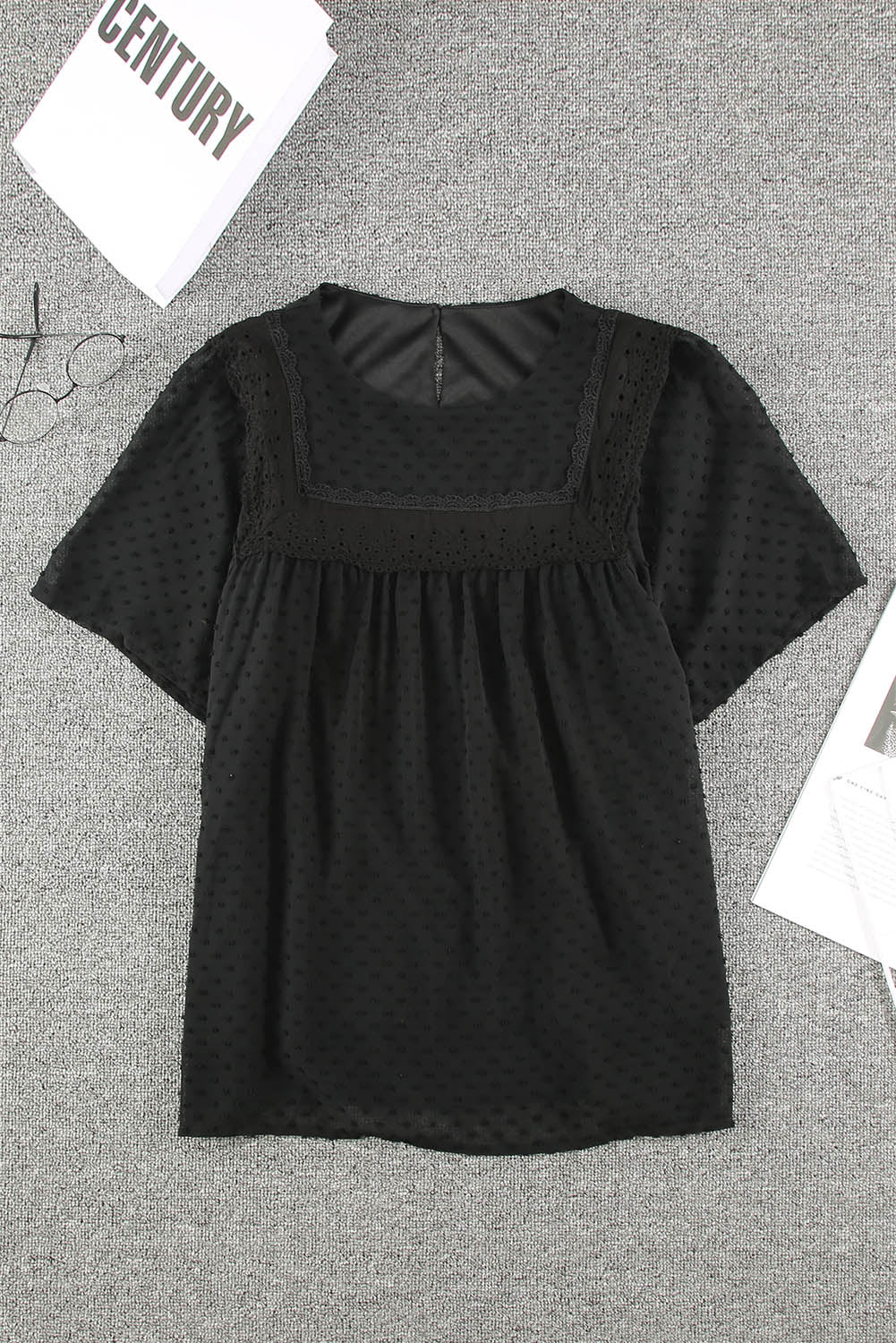 Schwarzes, transparentes, strukturiertes Babydoll-Oberteil mit Flatterärmeln
