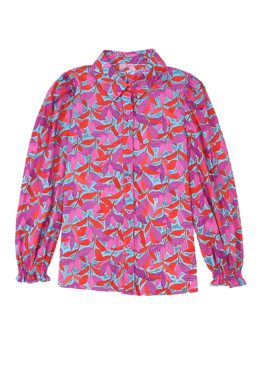 Chemise boutonnée à fleurs abstraites multicolores à manches longues bouffantes