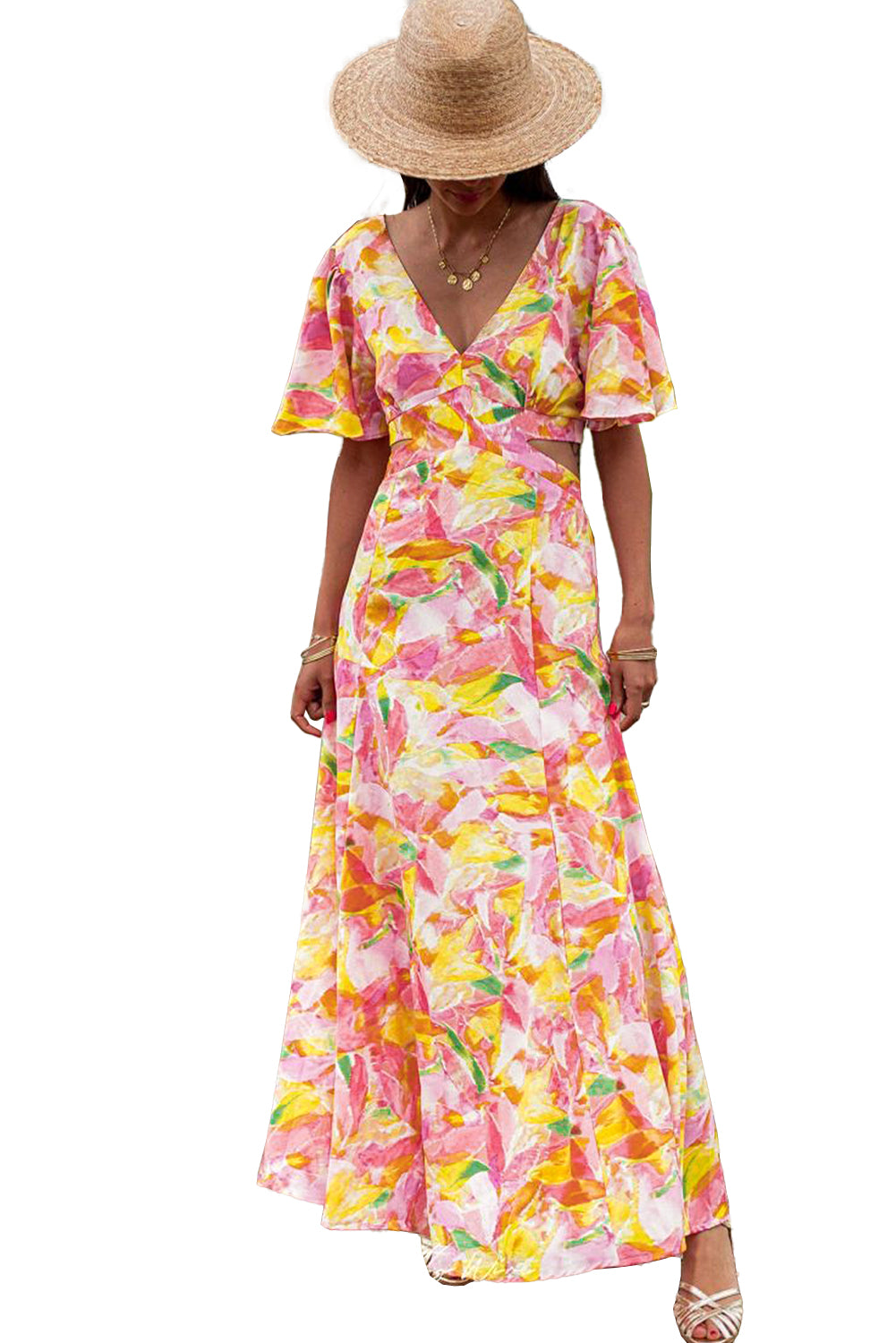 Ružičasta boemska maksi haljina s lepršavim rukavima s izrezanim cvjetnim uzorkom