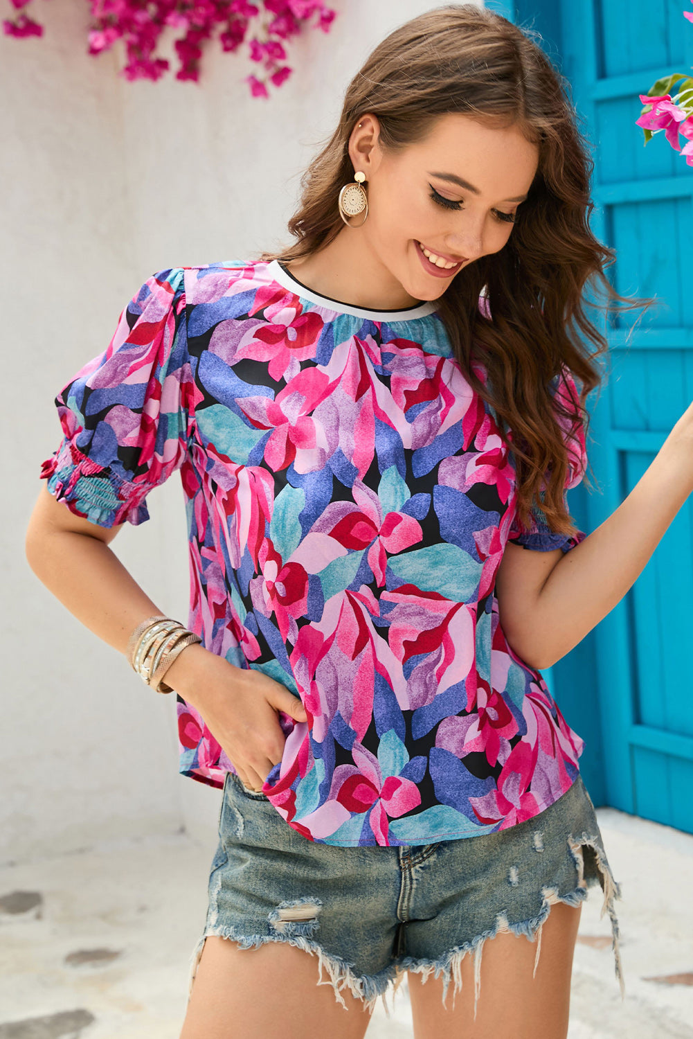 Fiery Red Floral Print Shirred Puff Sleeve Blouse