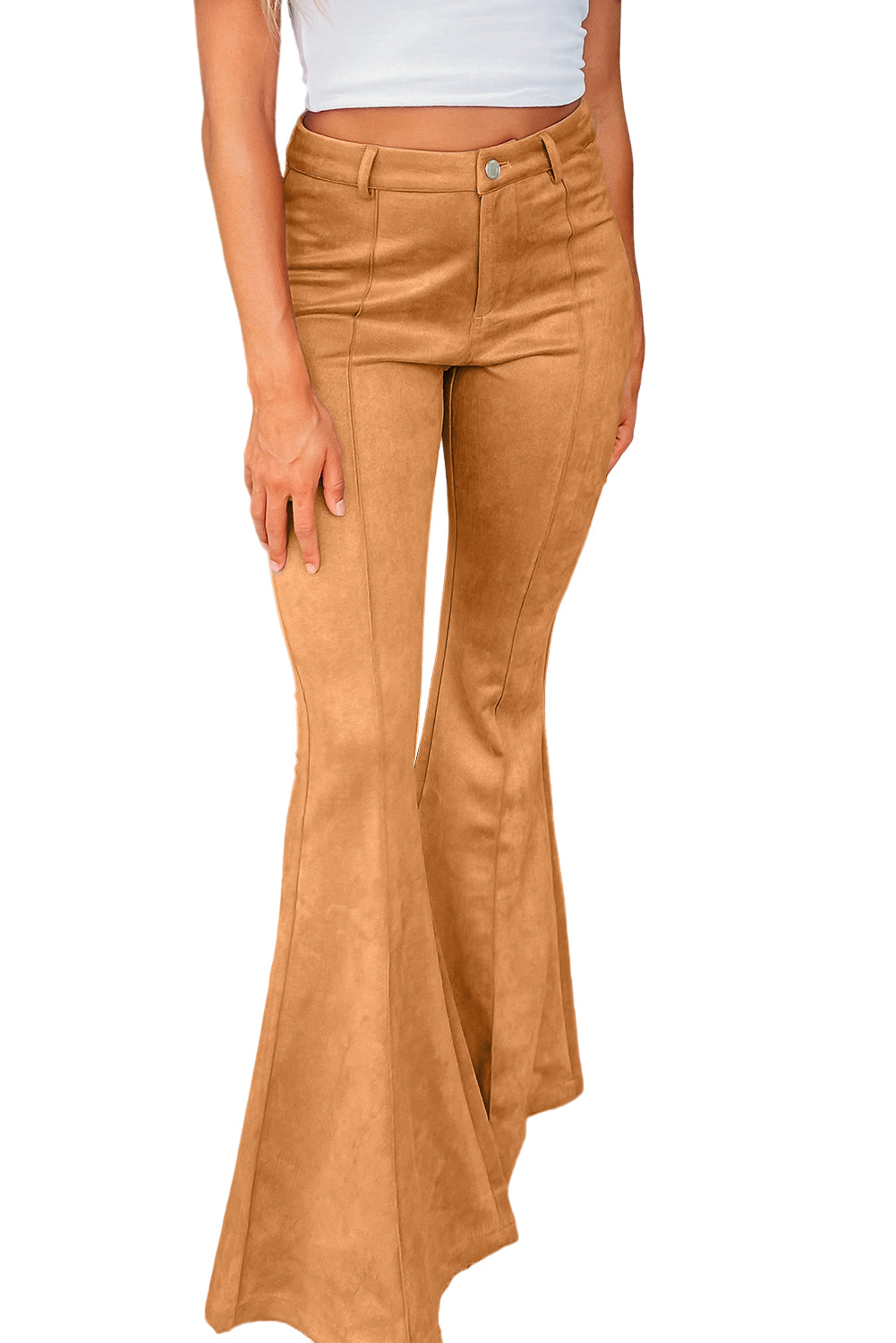 Pantalon évasé en daim marron à coutures apparentes avec poches