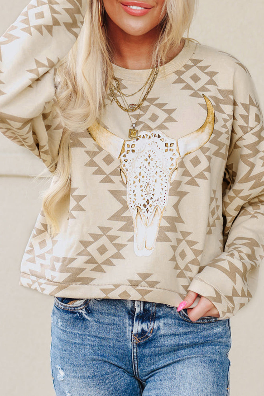 Azteken-Pullover-Sweatshirt mit Pergament-Steer-Head-Grafik