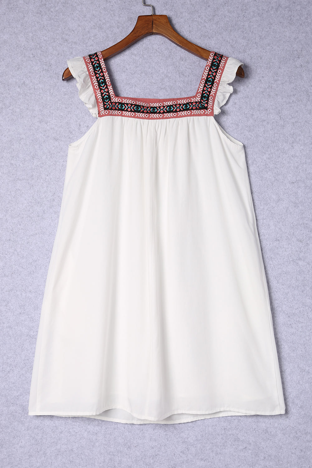 Beige Frill Embroidered Square Neck Shift Dress