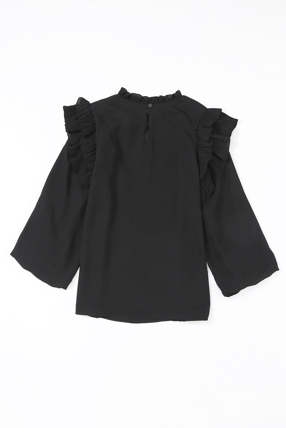 Schwarze Bluse mit Knopf, Schlüssellochausschnitt hinten und plissiertem Rüschenbesatz