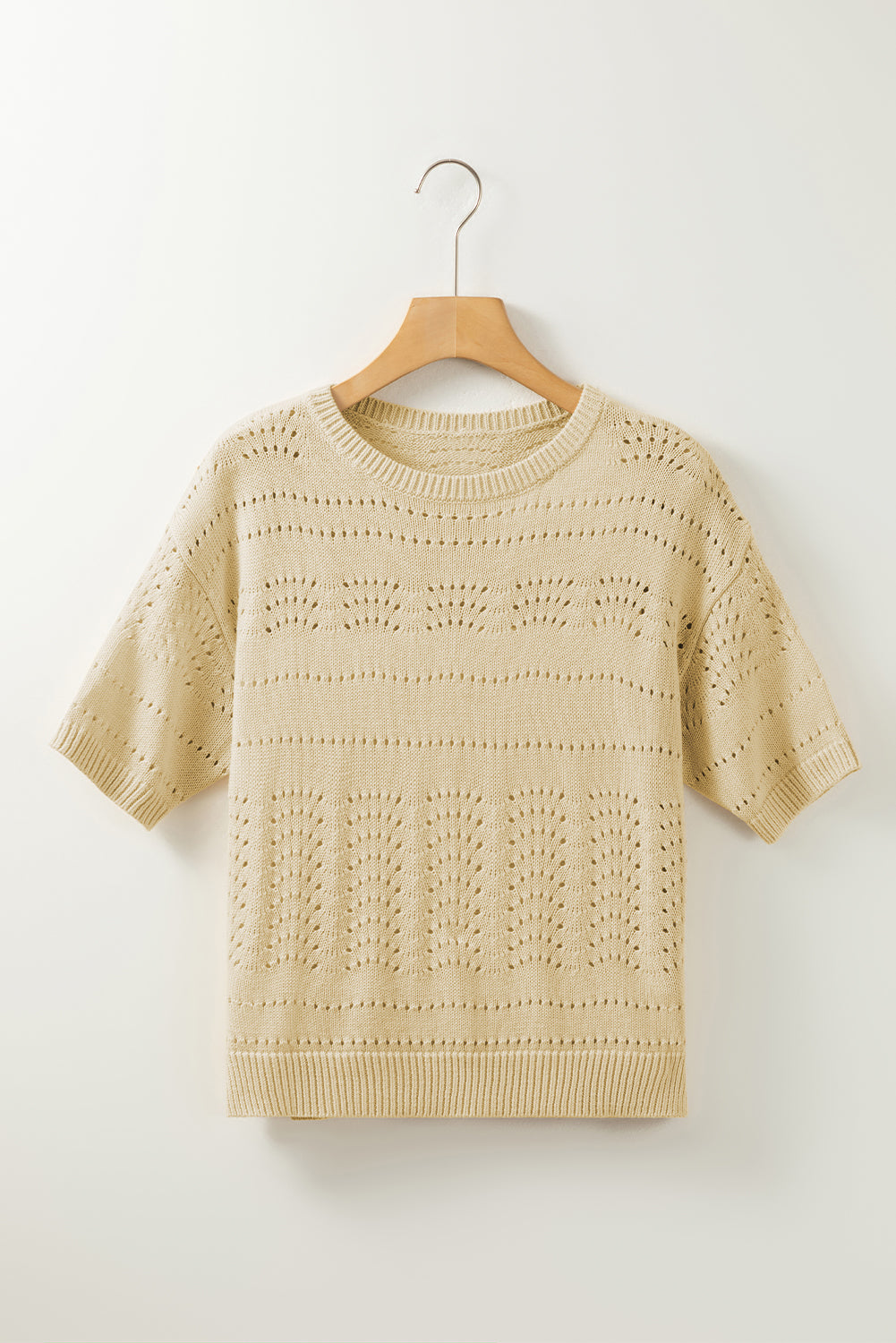 Beige Knitted Hollow out Short Sleeve Crop Sweater