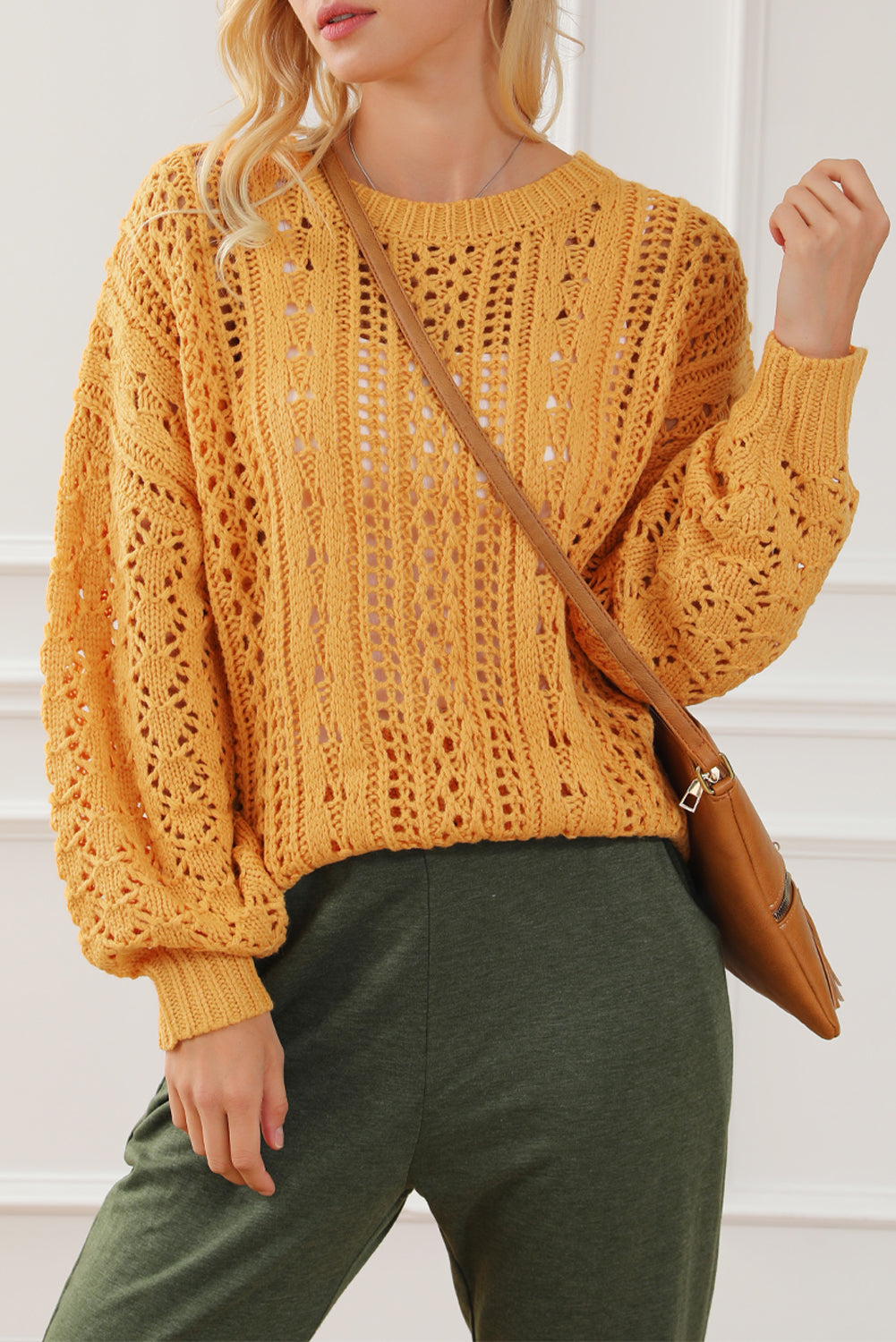 Ginger Cable Knit Hollow Out Drop Shoulder Sweater