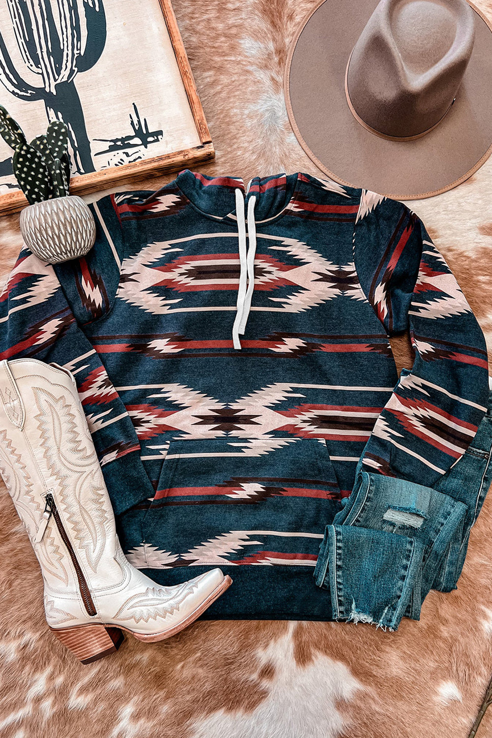 Grauer, bedruckter Western-Mode-Pullover mit Aztekenmuster