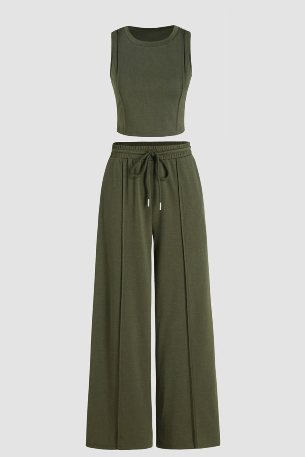 Ensemble haut court sans manches uni vert jungle et pantalon large