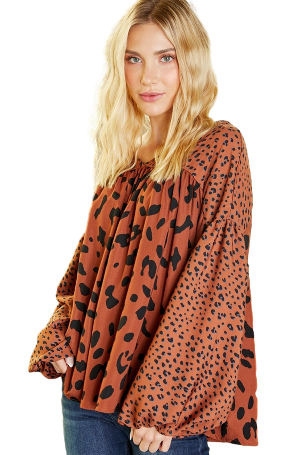 Braune Bluse mit kontrastierenden Leopardenmuster und Blasenärmeln
