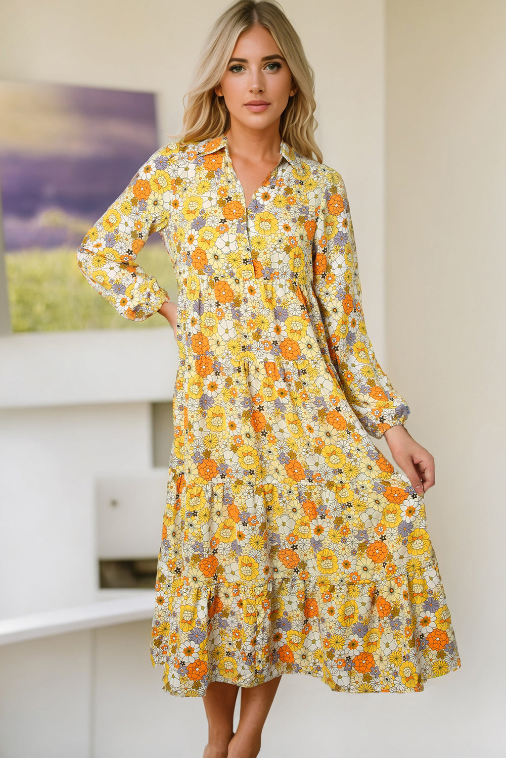 Gelbes, langärmliges, gerüschtes Boho-Kleid mit Blumenkragen