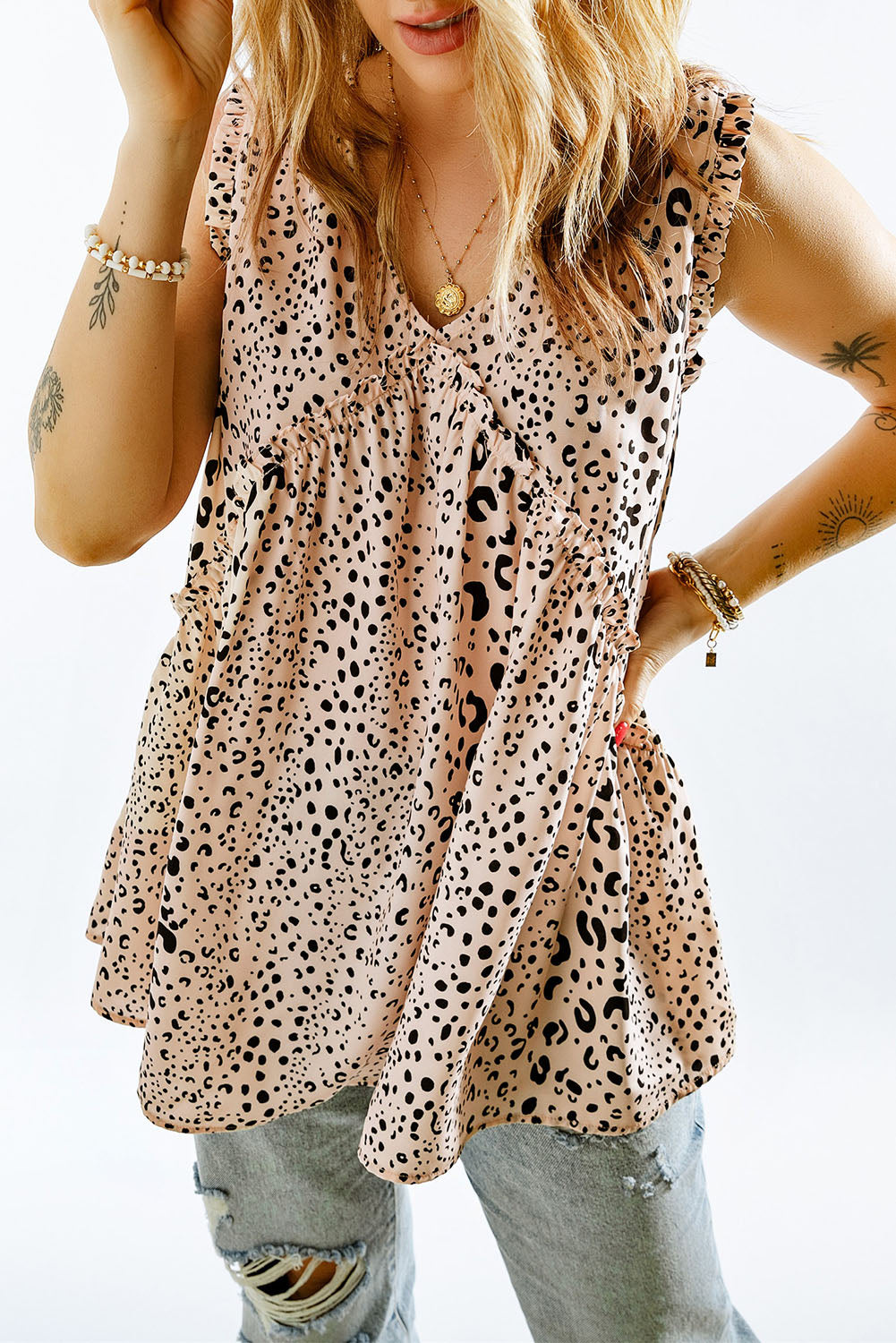 Majica bez rukava s leopard v-izrezom i volanima