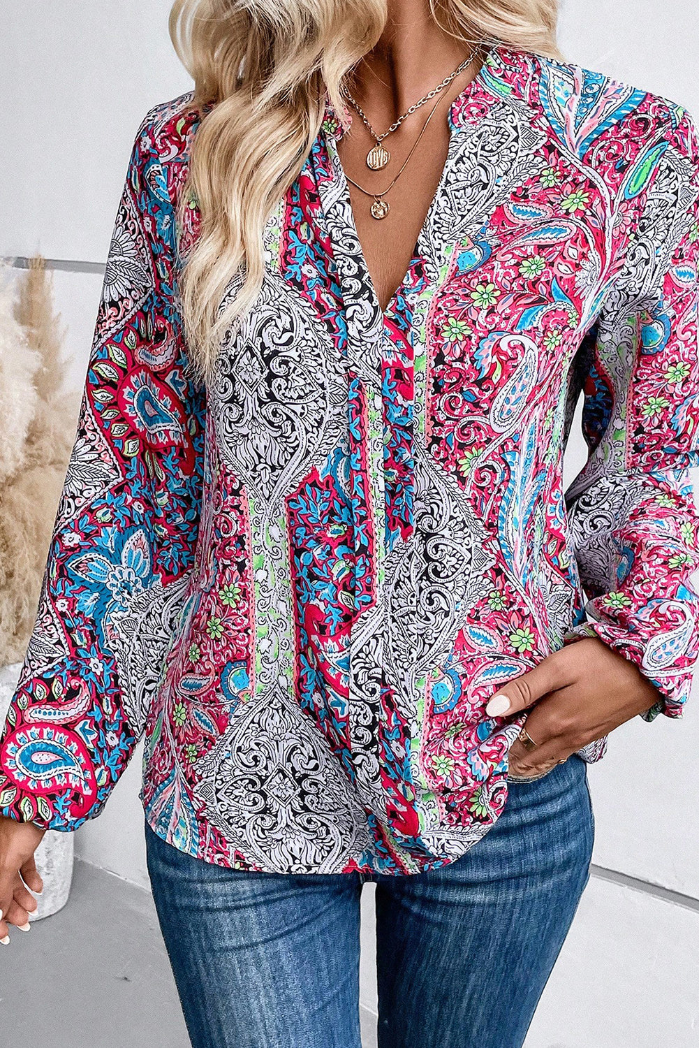 Rosa Vintage-Boho-Bluse mit Paisley-Print und gekerbtem Ausschnitt