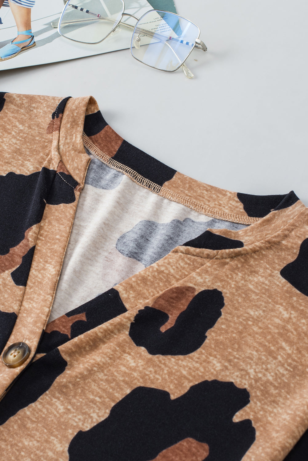 Light French Beige Leopard Folded Short Sleeve Buttoned V Neck T Shirt