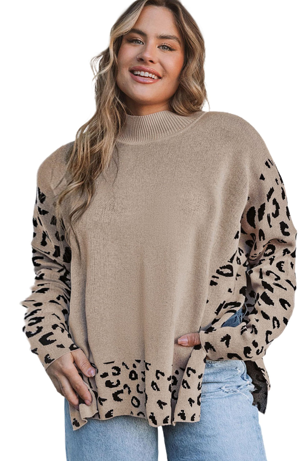 Khakifarbener Plus-Size-Pullover mit Leoparden-Patchwork und Stehkragen