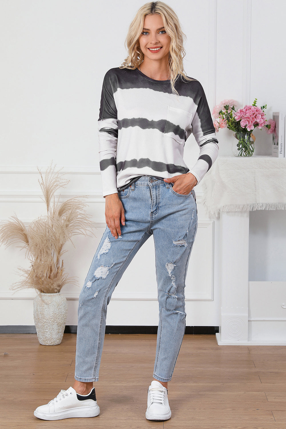 Gray Tie Dye Striped Loose Knitted Long Sleeve Top with Slits